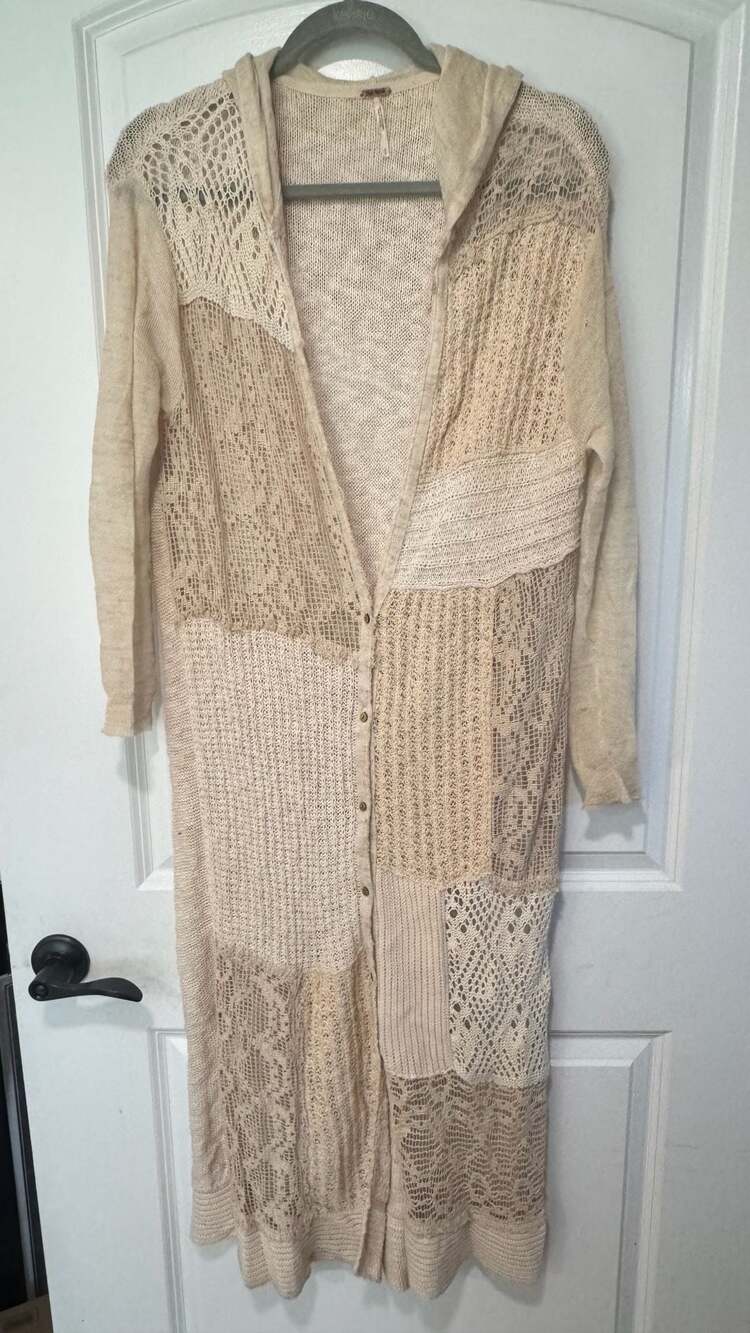 Free People Boho Crochet Patchwork Hooded Duster Cardigan Lagenlook Small